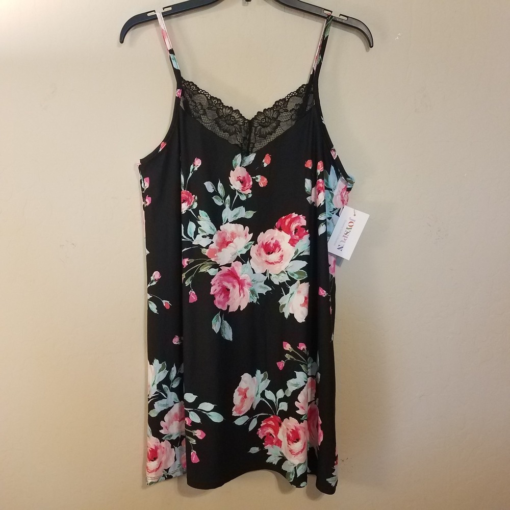 Joyspun Women Chemise Nightgown Medium Black Floral Lace Sleepshirt Lingerie NEW